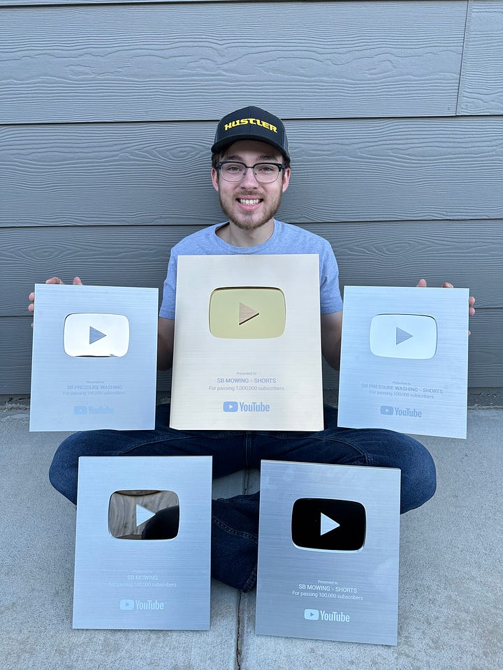 Left: Spencer B. holds 5 YouTube  awards for achieving subscriber milestones. Right: Spencer in front of transformed lawn.