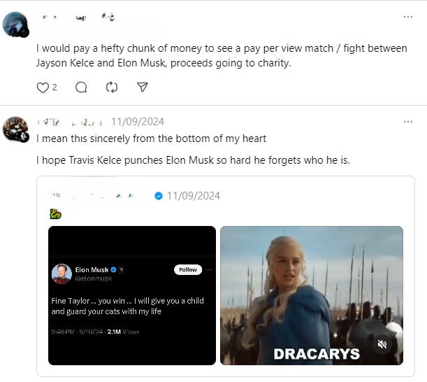 Screenshots of social media posts from X and Threads, showing people getting excited about the idea of Travis Kelce beating up Elon Musk because of what he said about Taylor Swift