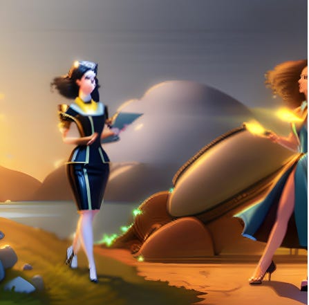 AI generated images for the prompt"Artificial agent chatting with a woman at various times of day and night and in different dresses and settings."