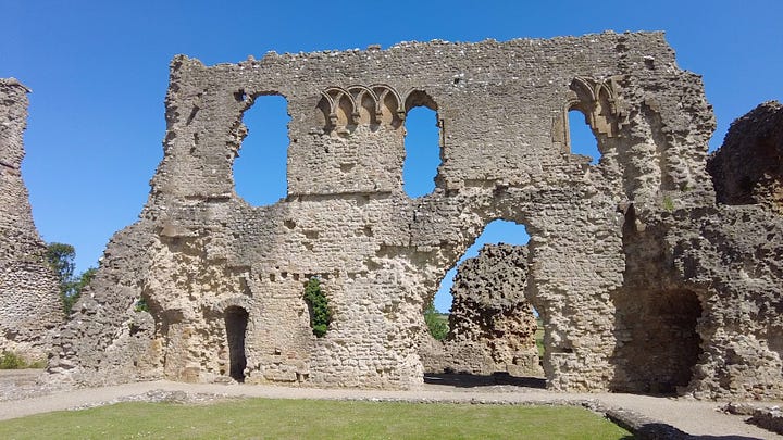 Four photos of the central ruins of Old Sherborne Castle, Dorset. Set against a beautiful, blue and cloudless sky. Part of the Great Tower remains along with walls of the Great Hall and kitchen area.  Images: Roland's Travels