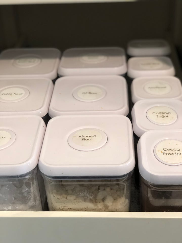 Spice tops and container tops with labels.