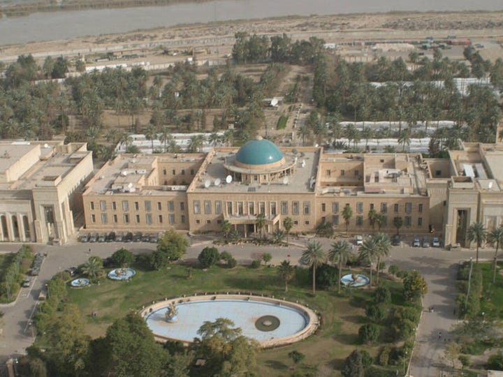 Clockwise from upper left: an image of growth overtaking an abandoned village; a stone image of the Green Man on a church; an aerial photo of the Green Zone in Baghdad; a depiction of Khidr.