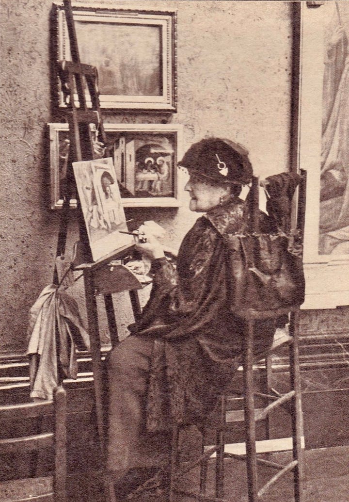 A self portrait and portrait sketch by John Singer Sargent, a plein-air watercolor by Sargent, and a photograph of Emily Sargent sketching at the National Gallery in London.