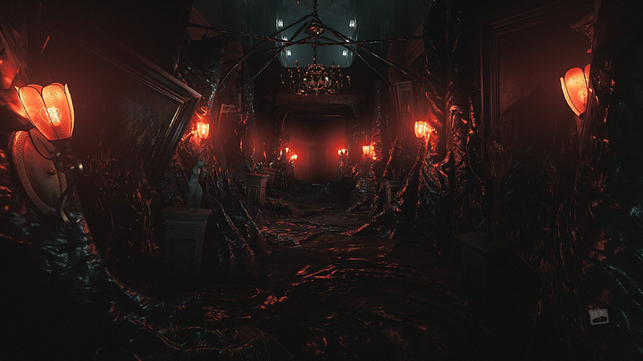 A screenshot of Layers of Fear (2023) showing a hallway in darkness; A screenshot of Layers of Fear (2023) showing a hallway in light; A screenshot of Layers of Fear 2 (2023) showing a hallway of the ship in darkness; A screenshot of Layers of Fear (2023) showing a highly deformed hallway in darkness, lit by warped lanterns;