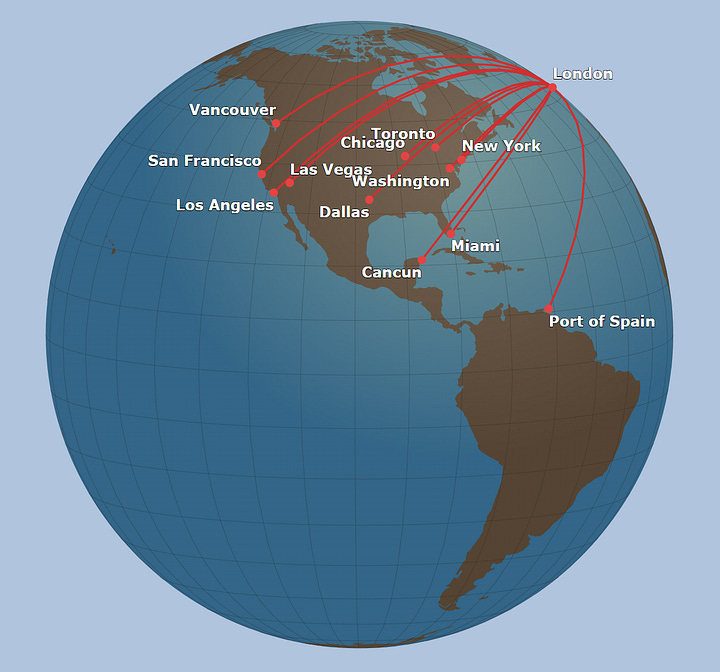 Two graphics displaying the route maps for Ambient Airlines including routes from London-LHR to the Americas (L), and routes from London-LHR to the rest of the world (R). 