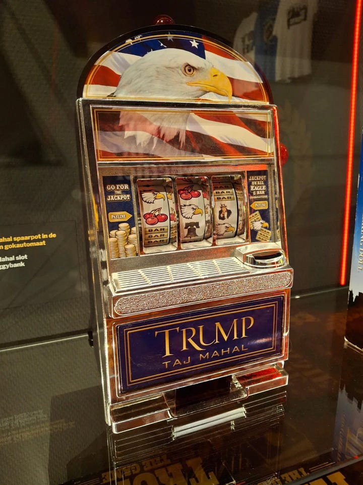 Images from the trump museum. 1st contains army uniform, the 2nd a slot machine with Trump nameplate