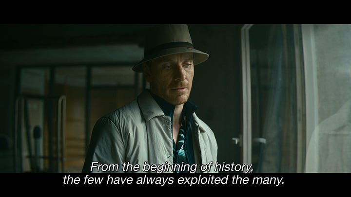 Michael Fassbender in 'The Killer' saying "From the beginning of history, the few have always exploited the many. Whatever it takes, make sure you're one of the few, not one of the many.