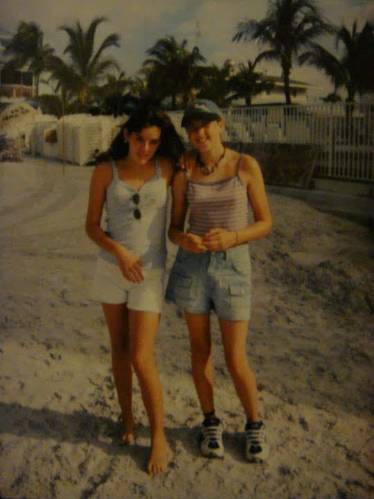 Girl on beach left, two girls on beach right