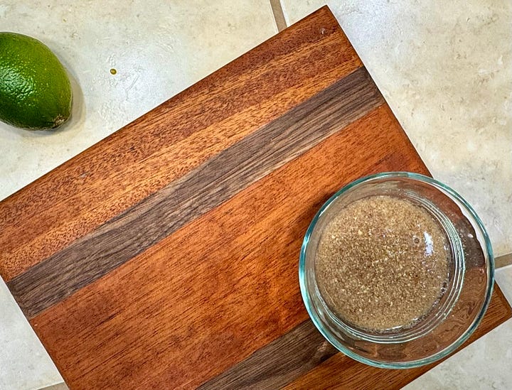 Two flax eggs on a cutting board; Vegan Cornbread batter before being cooked.