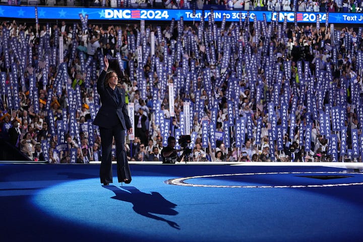 You must have seen some variation of this Pledge of Allegiance picture, the delegates wearing white to honor women’s suffrage—and the anticipated next step.   The emphasis on women was so absolute that Kamala Harris’s ascendency often felt less like the highlight than the subtext.