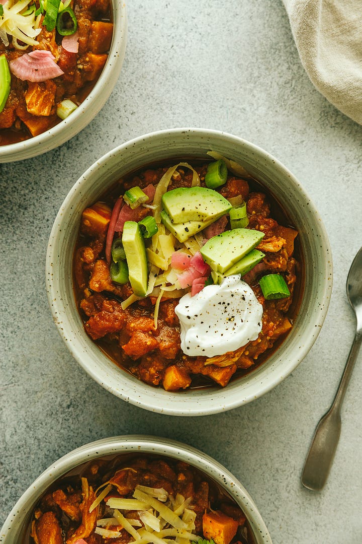 Fall chicken chili in bowls. 