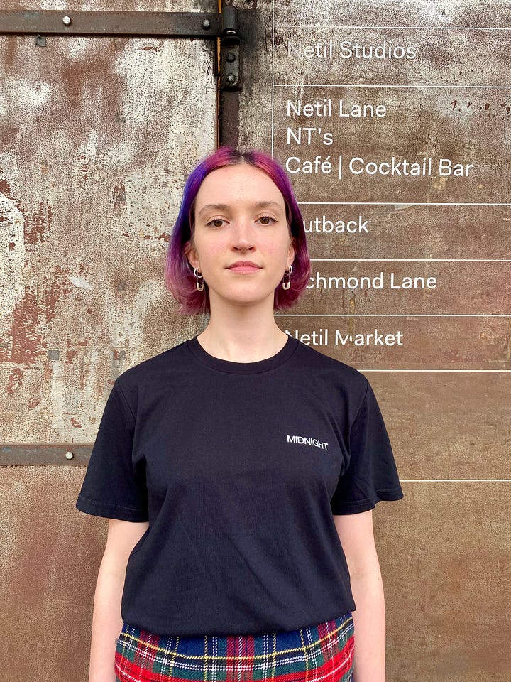 Photograph of a girl modelling a black t shirt followed by a photograph of a t shirt hanging from a shelf