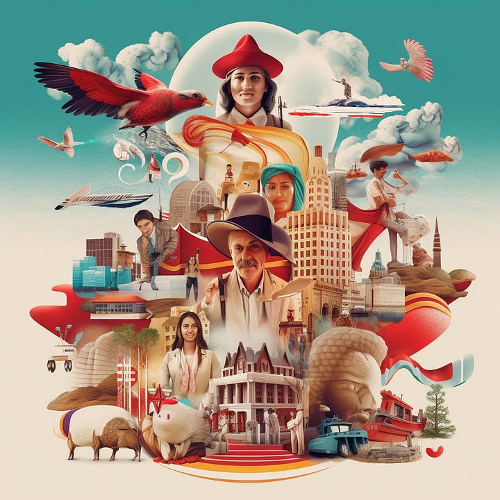 "Create an image that encapsulates the vibrant connection between South America and Europe during a transcontinental business journey. The image should showcase a seamless blend of cultural diversity and international commerce, featuring elements from Chile, Bogotá, and Madrid", Prompt para MidJourney