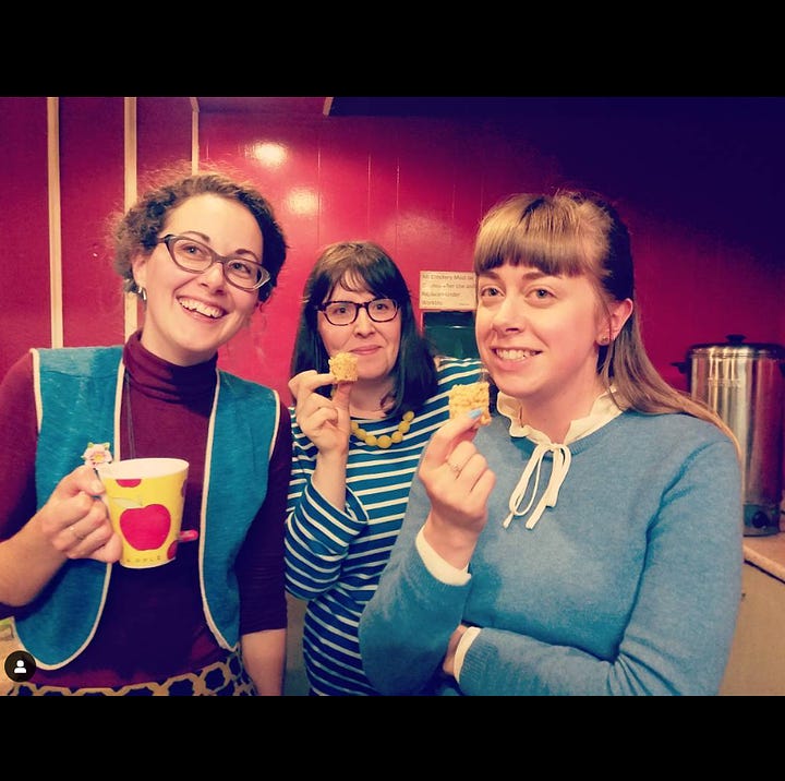 women drawing, a syllabus of the group's activities, teatime and lino cuts and coloured paper