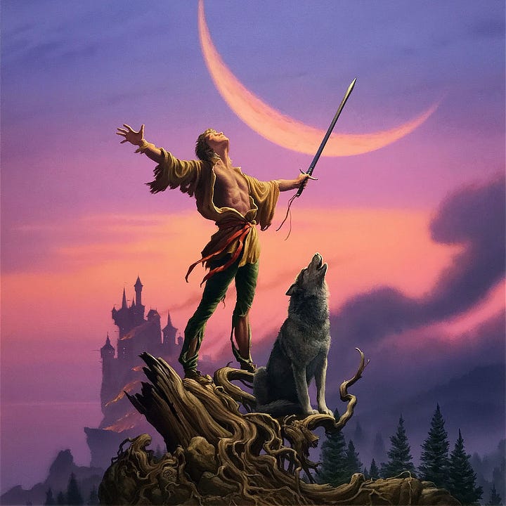 LEFT: Detail from ROYAL ASSASSIN featuring a man in tattered tunic throwing arms wide. His eyes are closed and head tilted back as light and wind wash over him. He holds a straight sword with tassels trailing from the hilt. The blade intersects a huge crescent of moon looming overhead. He stands on the broken trunk of a tree with a gray wolf companion seated on the gnarled roots below. RIGHT: Alternate preliminary concept for ROYAL ASSASSIN featuring a young man with axe in hand caught mid-stride as a castle burns behind him. His eyes depicted as pools of white. His cape billows behind him conveying a sense of motion. A wolf mirrors his stride as they flee.