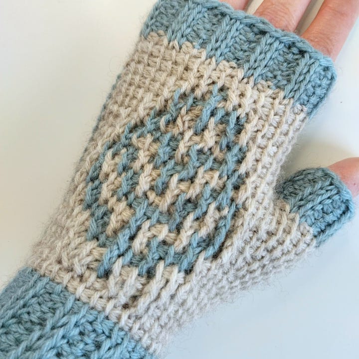 Examples of mosaic tunisian crochet from @_entre_agulhas_, from left to right, top to bottom: bookmarks, Folium gloves, stitch detail, mug cosies.