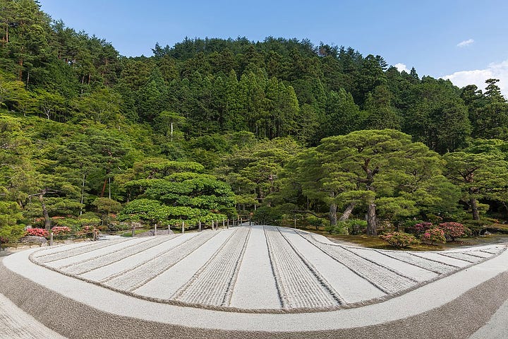 LEFT: Dry rock garden. RIGHT: Kintsugi bowl with golden joinery.