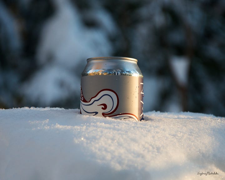 A pair of images shows: a close-up of cappuccino froth bubbles, and a cold beer nestled in a forest snowbank.