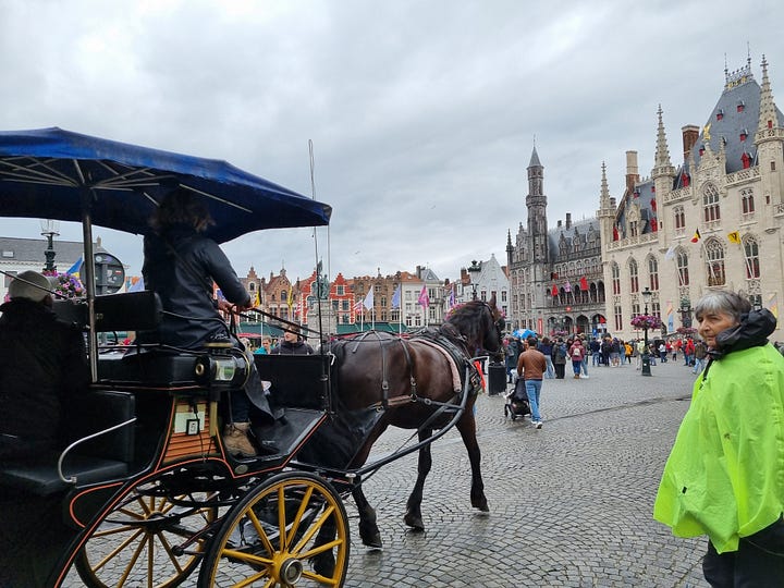 Photo 1: Tasting paddle at Brewery Bourgogne des Flandres with church in the background. Photo 2: Bruges Grote Markt with a horse pulling a buggy entering the photo from left. Photo 3: view from the Lovers Bridge. Photo 4: close up of the New Parrot windmill. 