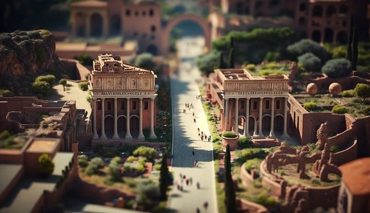 Midjourney prompt: all roads lead to rome during roman empire era tilt-shift photography