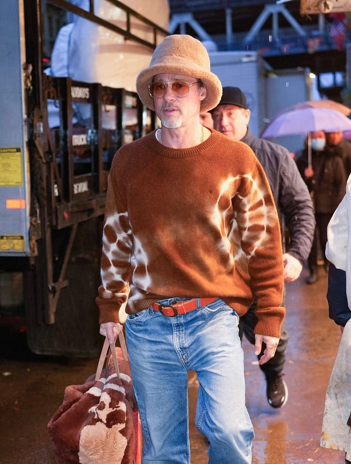 Brad Pitt chunky sweaters. Colorful sweaters.