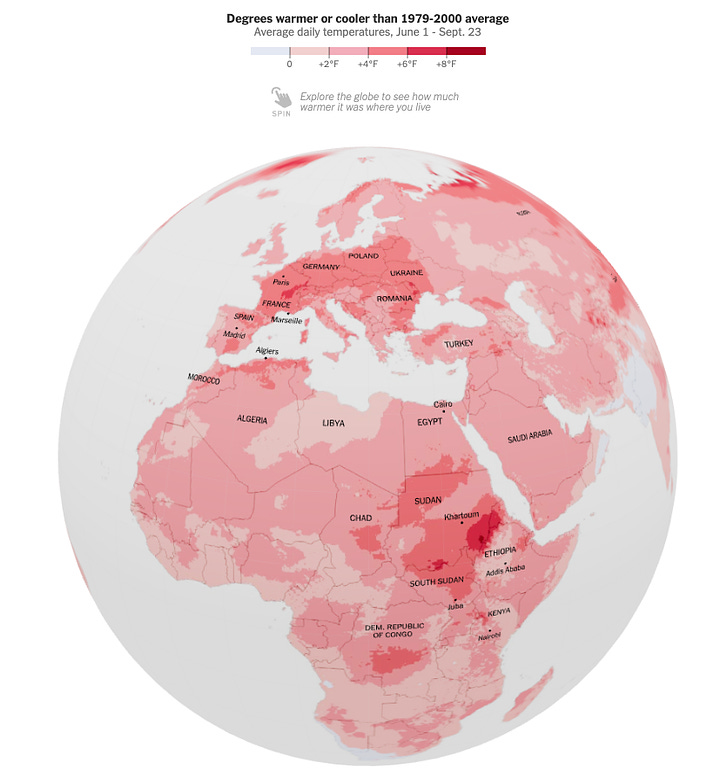 Screenshots from NY Times interactive map of world temperatures during Summer 2023 (From NY Times).