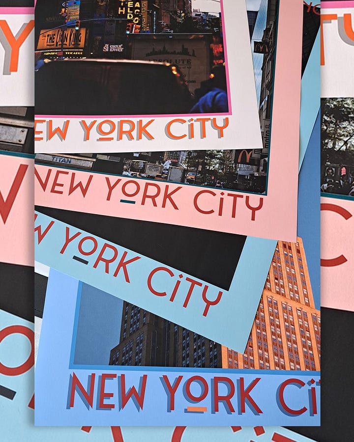 A selection of posters of Art Deco skyscrapers on colourful backgrounds. Empire State Building, The Chanin, The Chrysler, General Electric Building and Atlas, Rockefeller Plaza
