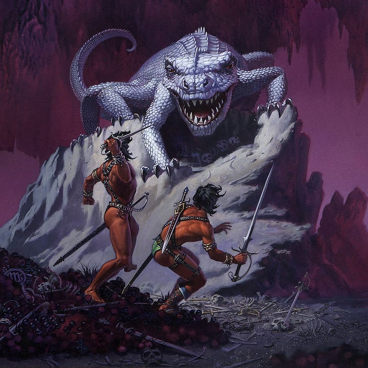 LEFT: Foreground detail from A FIGHTING MAN OF MARS featuring two warriors caught by surprise by a massive white lizard. They wear crossed harness and loin clothes, but otherwise their orange tinged Barsoomian skin is exposed. RIGHT: Background detail from A FIGHTING MAN OF MARS featuring the end of a huge femur rising from the floor of the cave. The surface is pocked with recesses like coral painted fuscia. On the ground around it are bright metal shields, a variety of swords and daggers, and the litter of human bones. The artist’s sigil, the stylized letters M and W bound inside a circle, lays partially obscured on the ground.