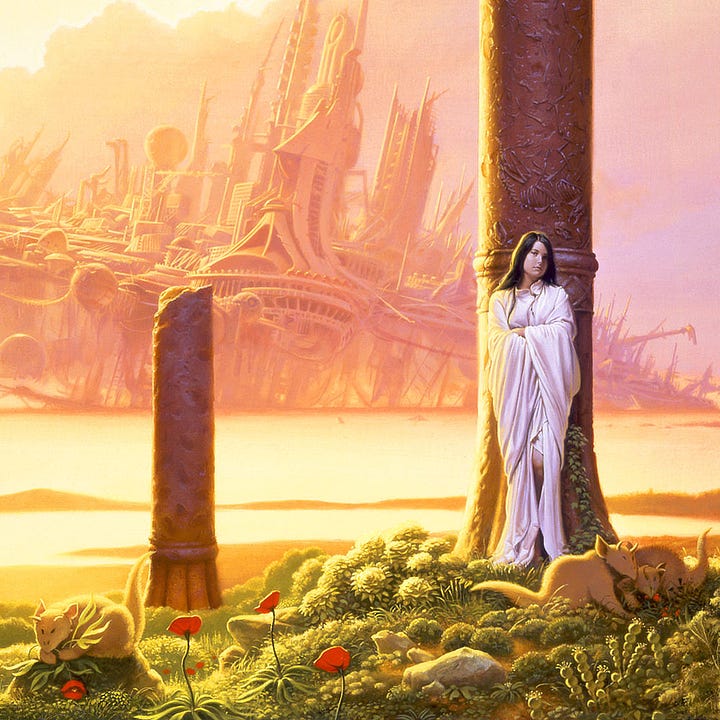 LEFT: Detail of a young woman with arms crossed and wearing white robes, leaning against a pillar. In the backdrop, a futuristic city angles up out of water that is bathed in the glow of the setting sun. RIGHT: Background detail of the futuristic floating city bathed in the glow of the setting sun as it angles out of the water.