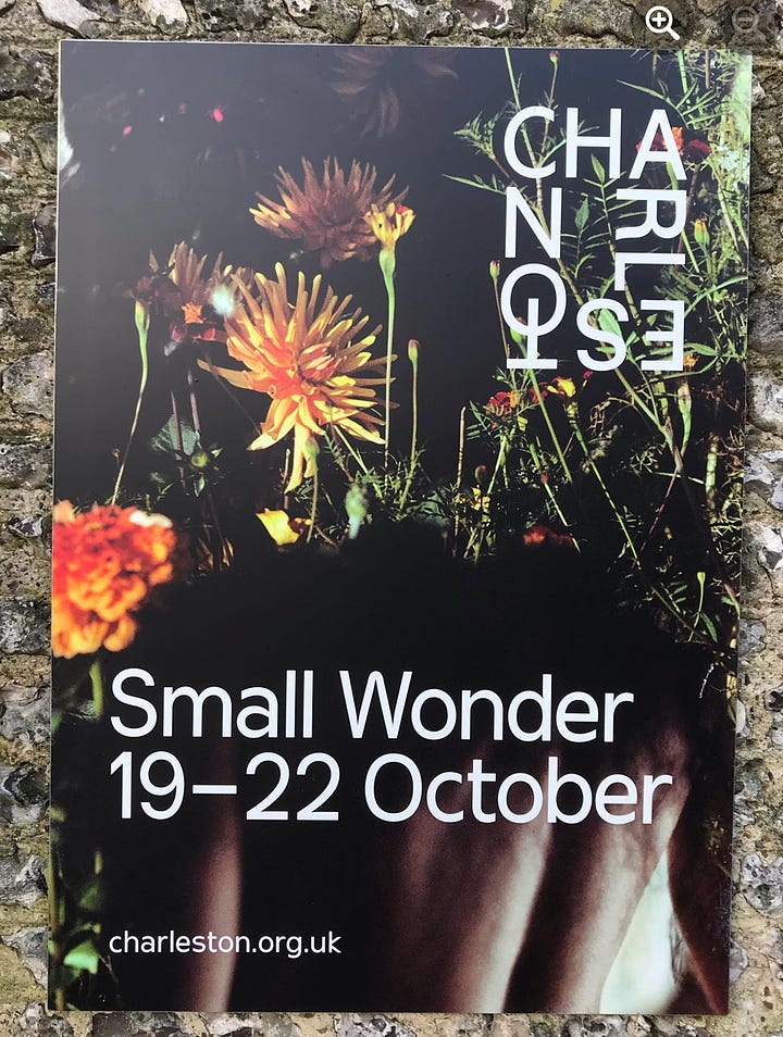 four images, top left of Charleston poster for Small Wonders Festival with orange flowers and white text, top right is a planter in the shape of a female torso on a wall in Charleston gardens, covered in lichens with greenery behind, bottom left is a sign with black writing on board announcing the line up of the festival, and bottom right is the cover of Moving Mountains hardback edition, of colourful imagery from nature on a dark indigo background and pale text.