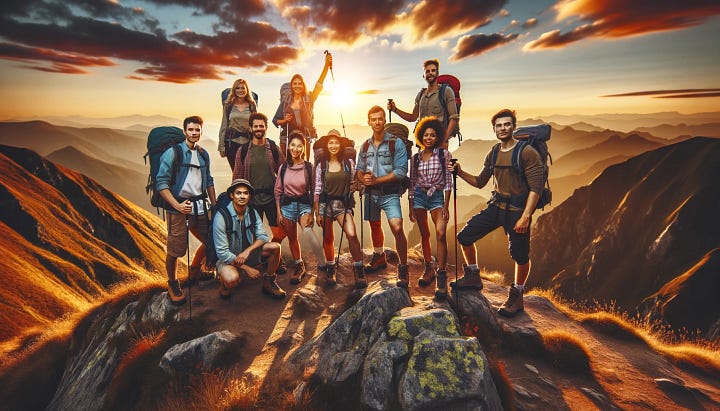 climbing team on a mountain with the sunset in the background