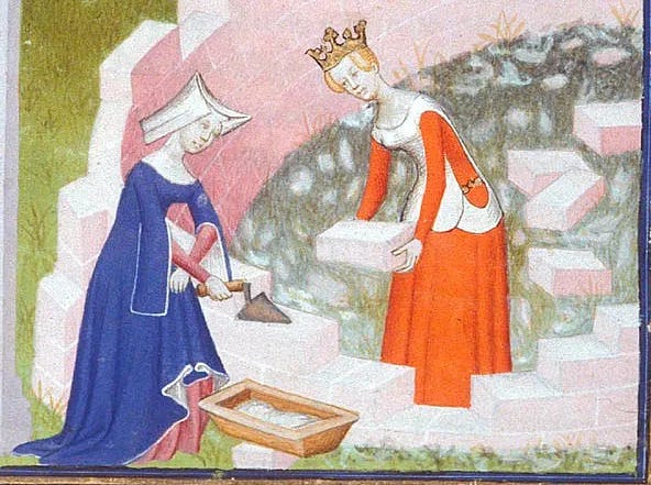 Images of medieval manuscripts illustrating women working in masonry, harvest, and teaching geometry.