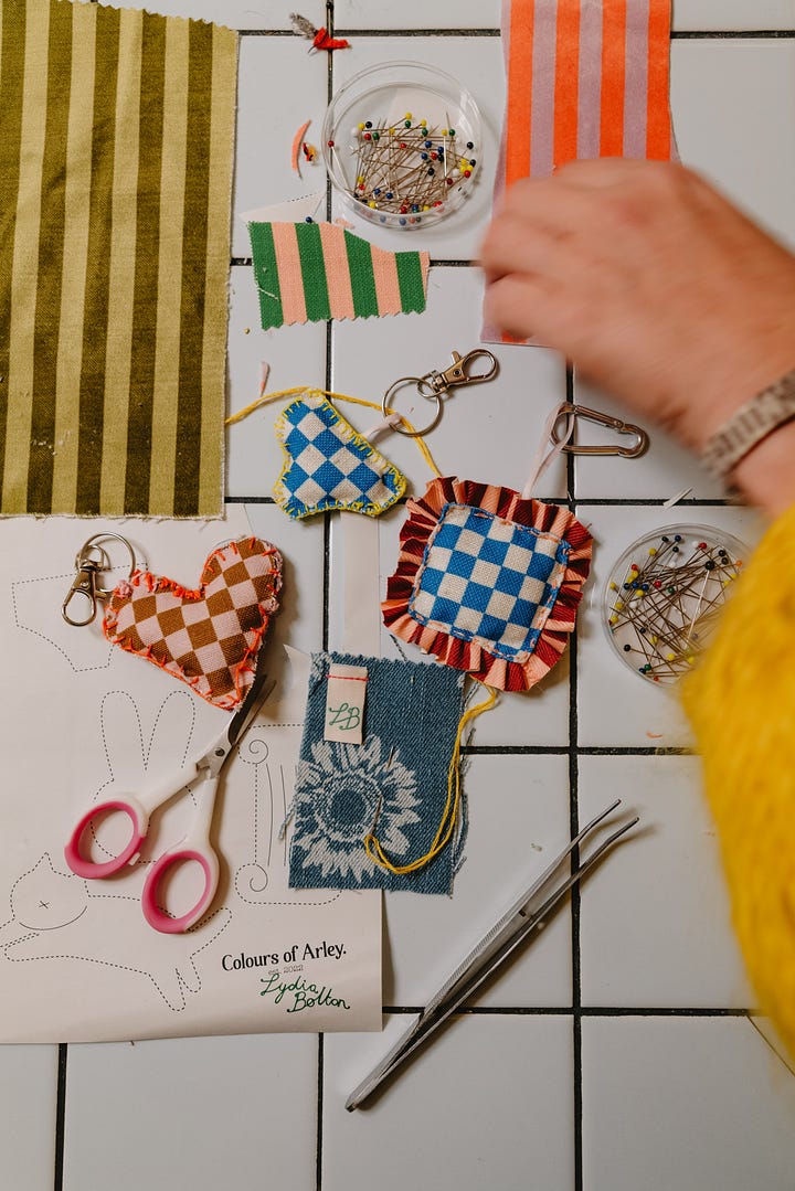 Image one is of keyrings made by Lydia Bolton. Image two is of Lydia taking a photo of a workshop she is running. 