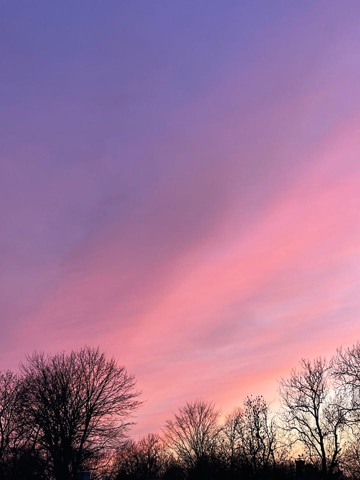 four images showing sunsets of the same view but different days, one with light blue sky and soft pink clouds, one with a dark blue sky and soft pink clouds and two with intense pink and orange clouds