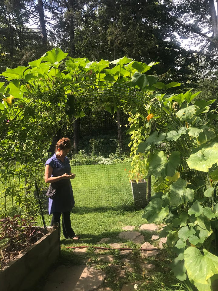 The image to the left shows an archway of greenery with Melina standing below it. The image to the right is an assortment of plants and flowering bushes growing alongside Melina's dark blue home 