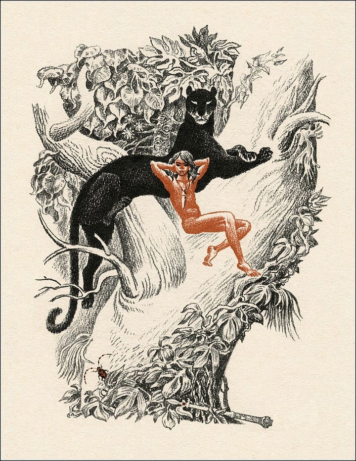 Left: Mowgli and Bagheera by Sergey Artyushenko, 1986.  //  Right: Huckleberry Finn and Jim. Wood engraving by Betty Lark-Horovbotz, c. 1950s.