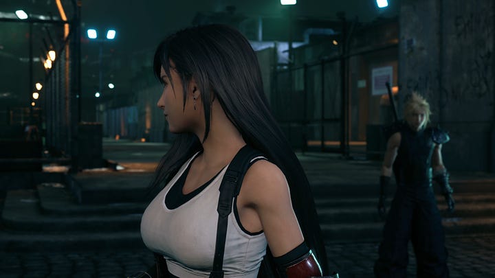 Tifa and Aerith are looking around when reaching the train station plaza. The latter lets out a surprised gasp when noticing the Whispers' presence.