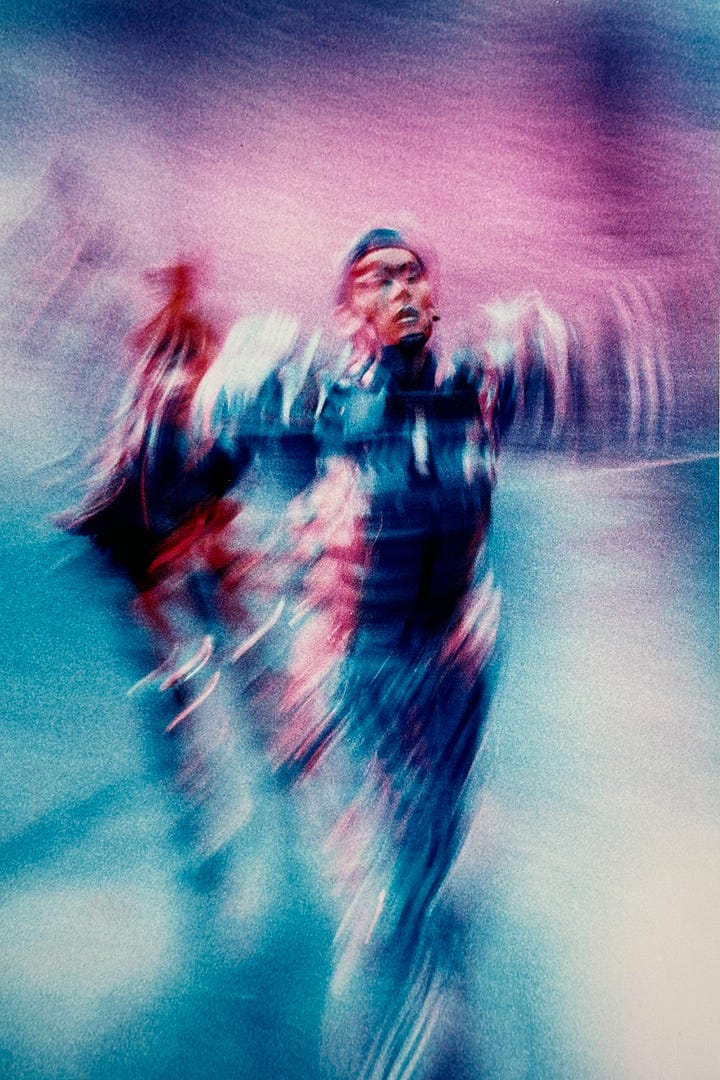 Blurred color photos Starlight Express cast members in costume 