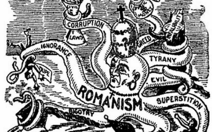 Two black-and-white-cartoons. The cartoon on the left shows a KKK member wielding an axe at a tree that says "Rome." The heads of three friars peak out of the tree. Left: The Roman Catholic Church depicted as an octopus wearing a papal crown. The octopus's arms read "ignorance, corruption, evil, bigotry, Romanism, superstition, tyranny, greed and money."