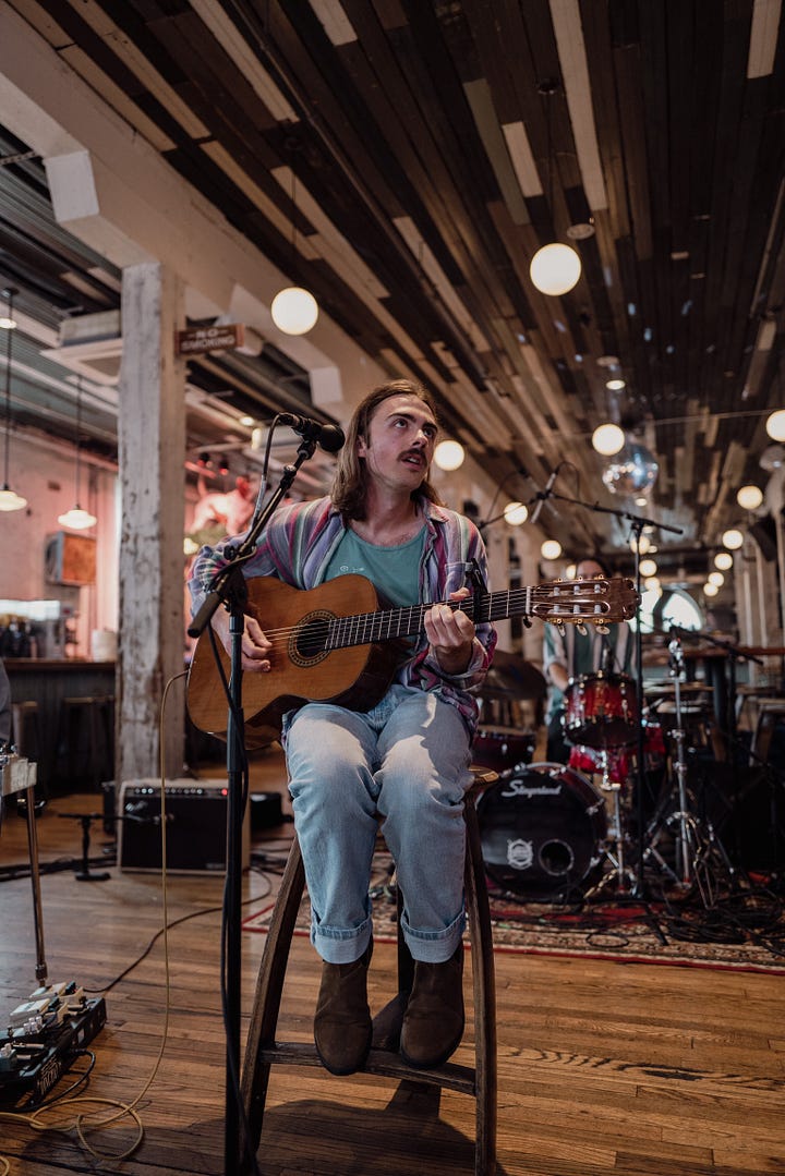 Five stills from Griffin Moyer's performance at Acme Radio Live in the main bair area of Acme Feed & Seed. Some members of the band are also featured.