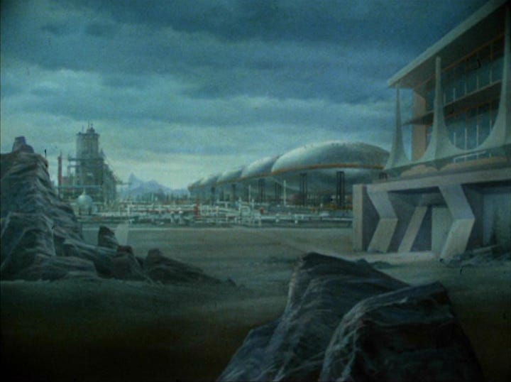 Pinturas tipo “matte” de estruturas industriais alienígenas com o Palácio da Alvorada no meio delas