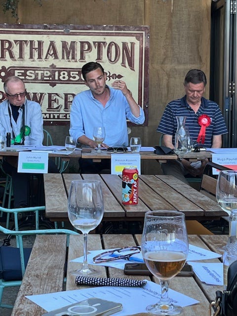 Four images of a political hustings in a pub garden showing candidates taking part in a debate about hospitality.