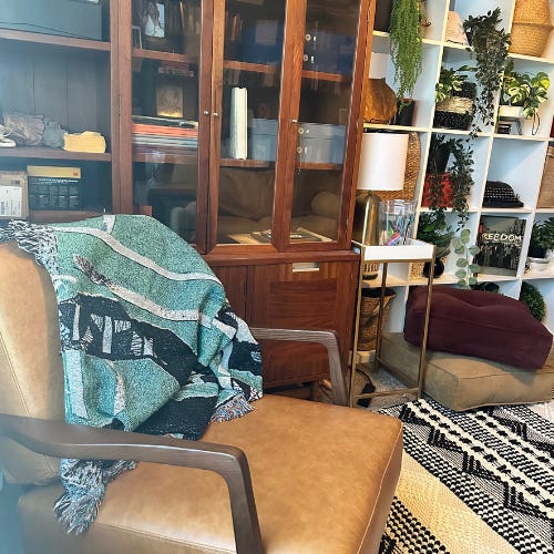 Teal room with bookshelves painted the same color along one wall. The opposite wall contains white open shelves covered in artificial plans and nick-knacks.