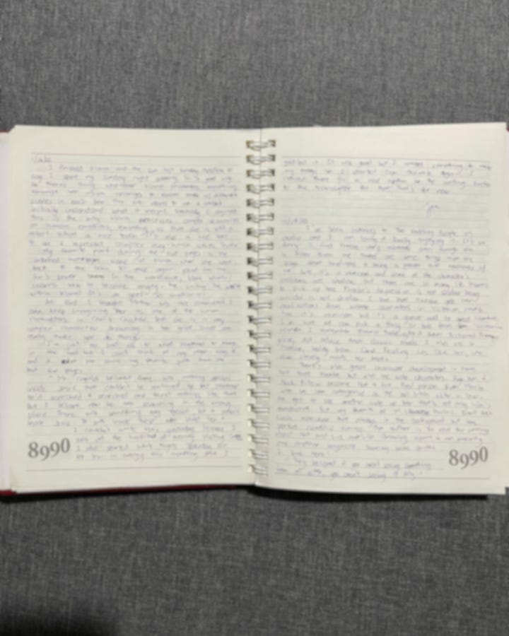Photos of Jam's red journal (text blurred)