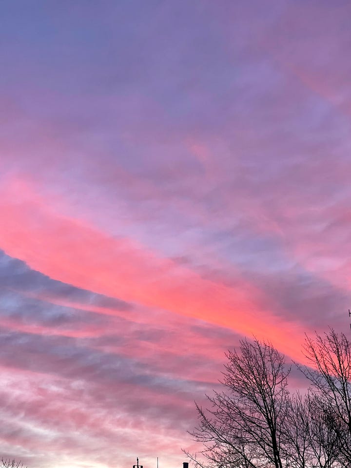 four images showing sunsets of the same view but different days, one with light blue sky and soft pink clouds, one with a dark blue sky and soft pink clouds and two with intense pink and orange clouds