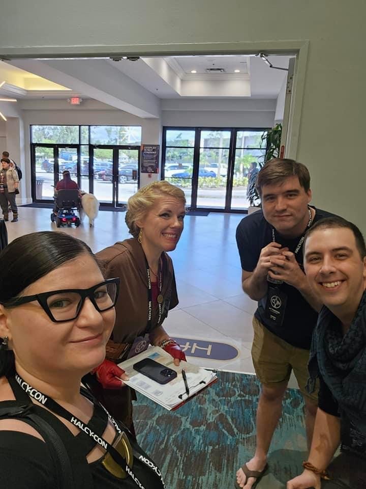 Left: Cass with three congoers, smiling at the camera | Right: Cass with keynote speaker Mikhael Tara Garver