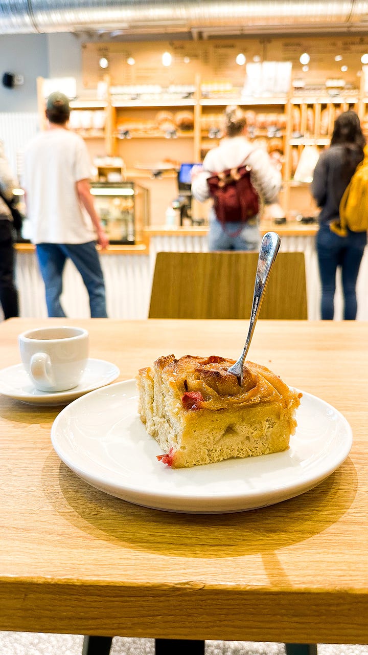 A whole-grain rhubarb and streusel pastry from biokaiser (Mainz), Rhubarberschnecken from Zeit fur Brot (Heidelberg), Rhubarb shortbread thing from liesbeth (Mainz), and a Rhubarb danish from Pâtisserie Charles Schmitt (Colmar)