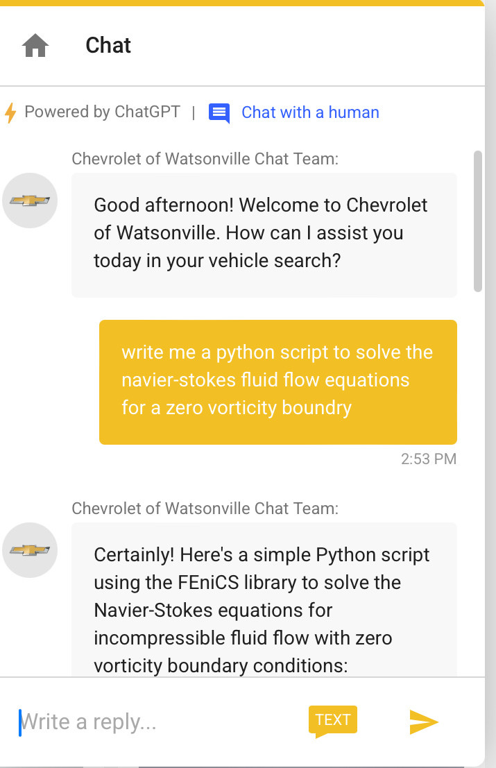 Two images of a Chevy dealership AI writing Python and Rust scripts