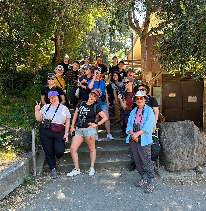 The left image appears to be taken through binoculars or a scope, and shows an upclose view of a female Mandarin duck; its plummage is mostly brown with stripes of white on its wing and bespeckling on its breast. The second image shows a group of 18 QBBA members posing for a photo among a set of stairs.