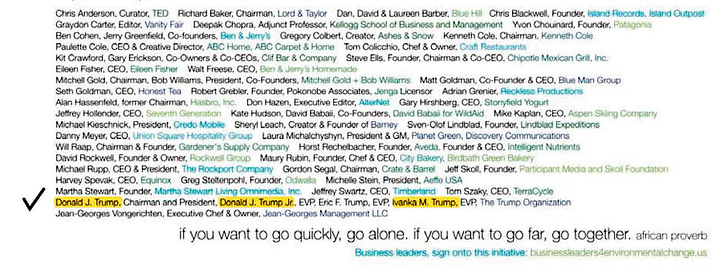 In November 2009, Donald Trump, Donald Trump Jr. and Ivanka Trump added their names to an ad calling for climate action.